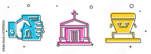 Set Death certificate in hand, Old crypt and Coffin icon. Vector.
