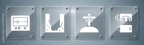 Set Crematorium, Grave with cross, Cemetery digged grave hole and Beat dead in monitor. Square glass panels. Vector.