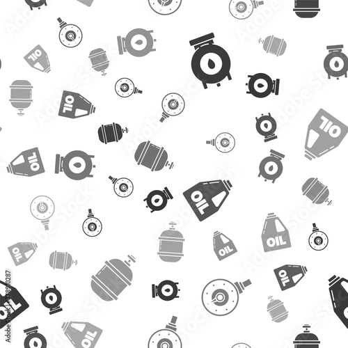 Set Oil and gas industrial factory building, Motor gas gauge, Canister for motor machine oil and Propane gas tank on seamless pattern. Vector.