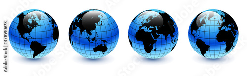 Earth globes 3D blue and black set, different views, realistic shiny icon with  parallels and meridians, vector world spheres design. 