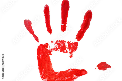 on a white background is a red palm print of the left hand