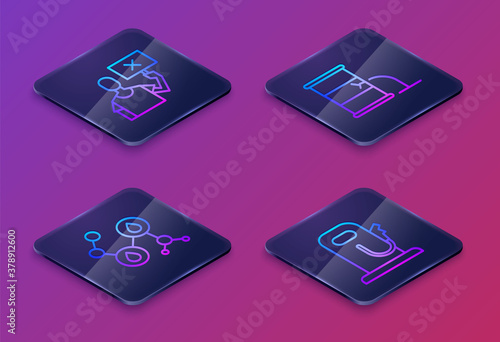 Set Isometric line Nature saving protest, Molecule oil, Barrel oil leak and Petrol or gas station. Blue square button. Vector.