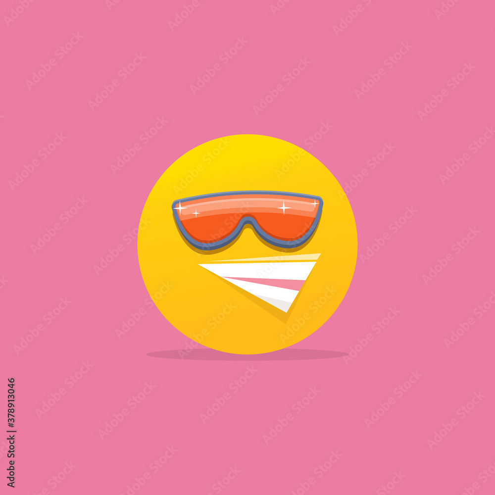Smiling face with sunglasses emoji isolated on pink background. Smile icon or label. Social media sign Smiling face with sunglasses emoji isolated on pink background. Smile icon or label. Social media sign