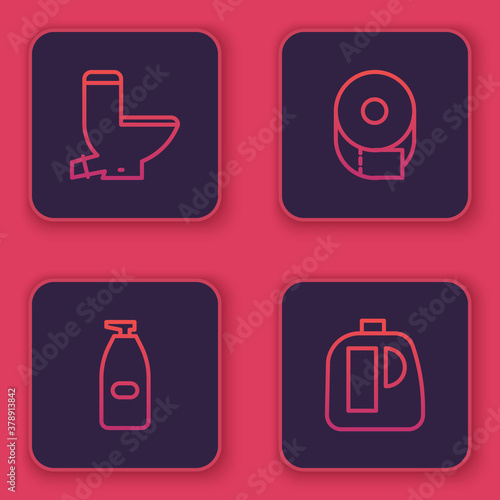 Set line Toilet bowl, Bottle of liquid antibacterial soap, paper roll and Bottles for cleaning agent. Blue square button. Vector.