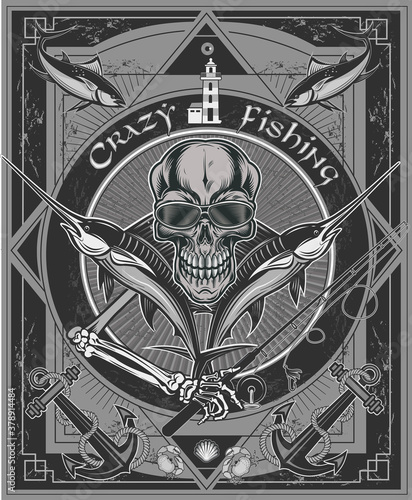 Crazy fishing. Skeleton fisherman catching marlin and tuna