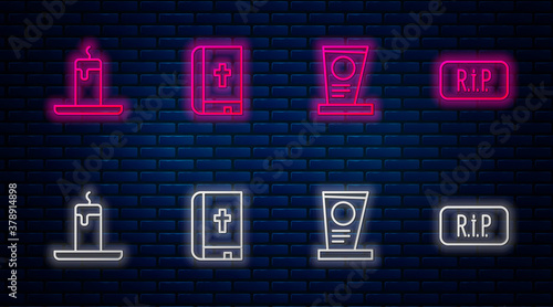 Set line Holy bible book, Grave with tombstone, Burning candle and Speech bubble rip death. Glowing neon icon on brick wall. Vector.