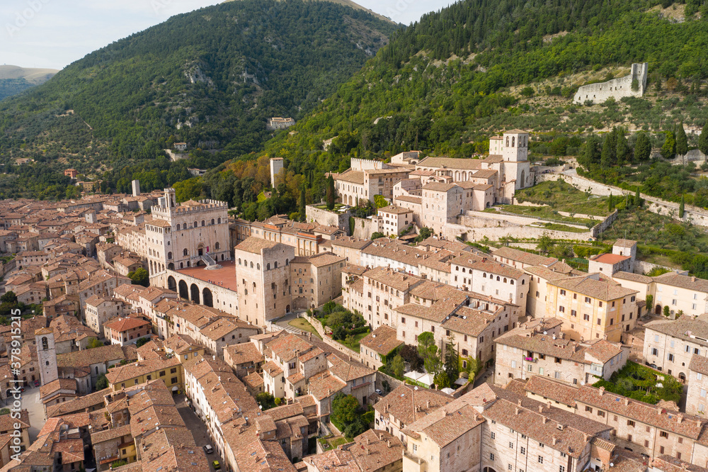 panoramic aerial view of the medieval town of gubbio umbria italy palace of the consuls