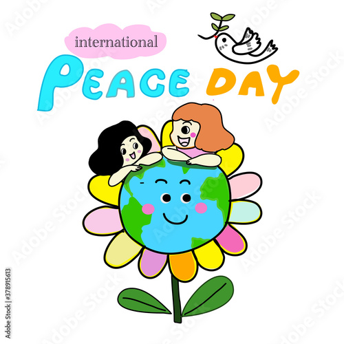 international world peace day two happy girls from different nation relaxing on the peace flower world plants with dove symbol hand drawn cartoon vector 