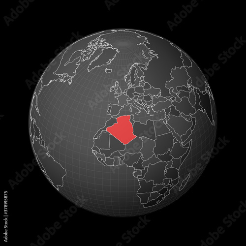 Dark globe centered on Algeria. Country highlighted with red color on world map. Satellite world projection. Amazing vector illustration.