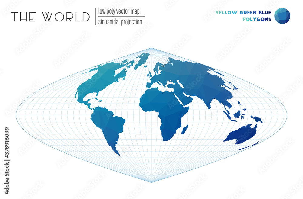 Polygonal map of the world. Sinusoidal projection of the world. Yellow, Green, and Blue colored polygons. Stylish vector illustration. Polygonal map of the world. Sinusoidal projection of the world. Yellow, Green, and Blue colored polygons. Stylish vector illustration.