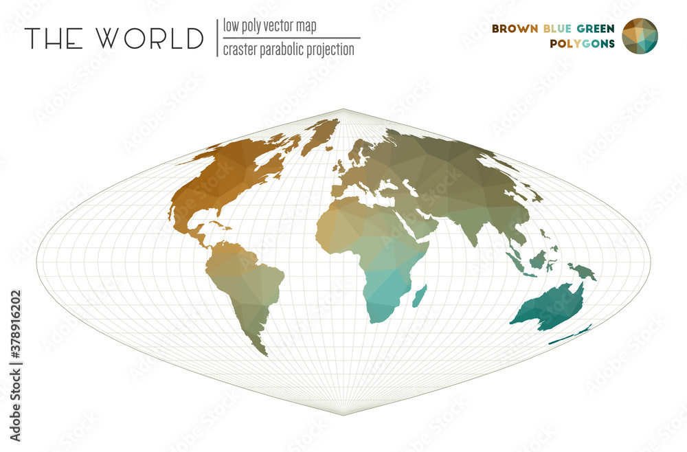 World map with vibrant triangles. Craster parabolic projection of the world. Brown, Blue, Green colored polygons. Energetic vector illustration. World map with vibrant triangles. Craster parabolic projection of the world. Brown, Blue, Green colored polygons. Energetic vector illustration.