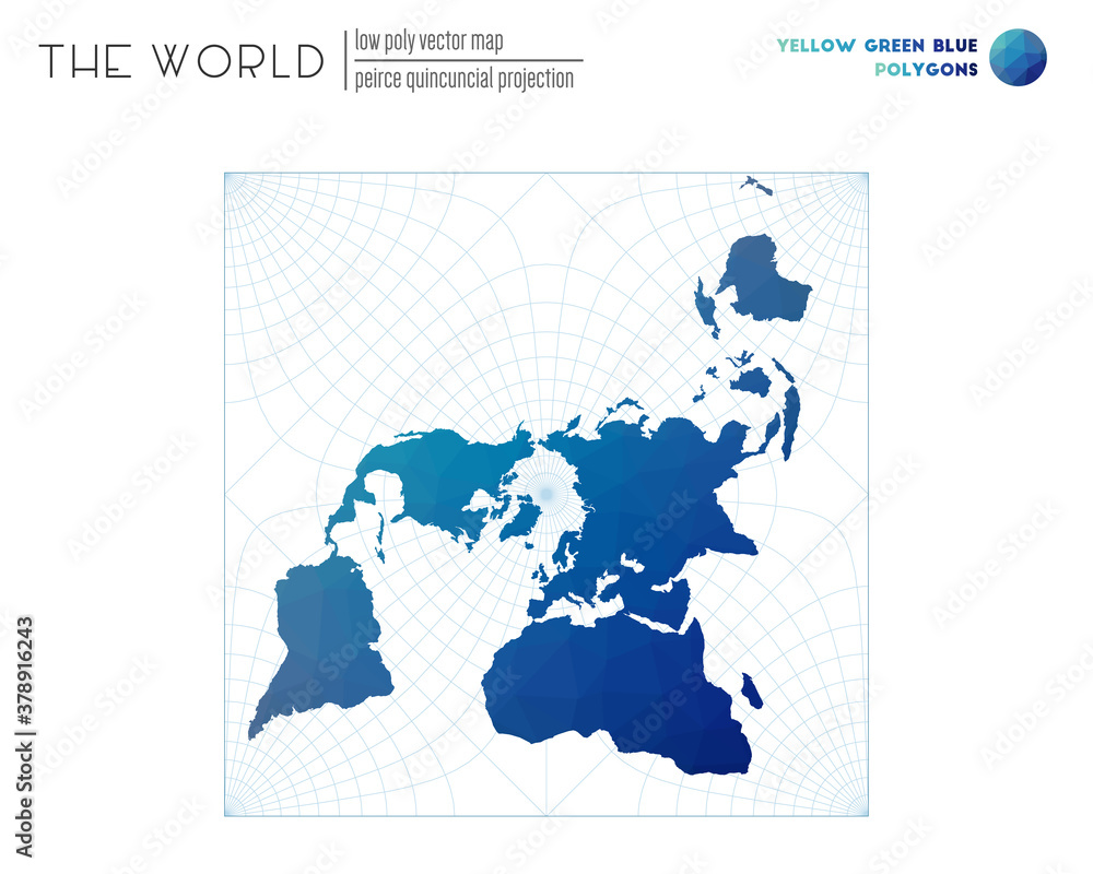Low poly design of the world. Peirce quincuncial projection of the world. Yellow Green Blue colored polygons. Amazing vector illustration.