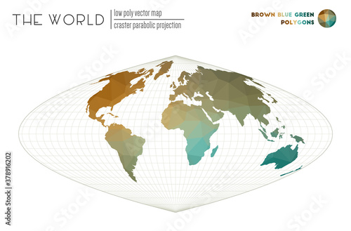 World map with vibrant triangles. Craster parabolic projection of the world. Brown Blue Green colored polygons. Energetic vector illustration.