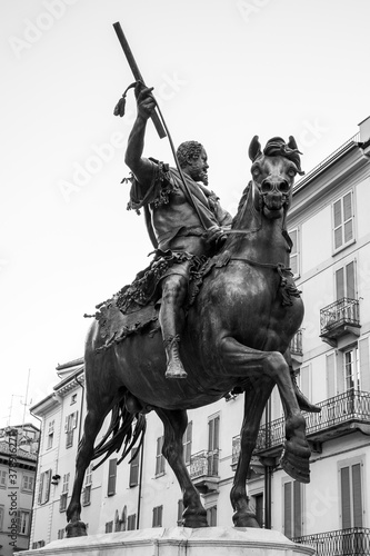 Statue of man on horseback in piazza dei cavalli in Piacenza  Italy
