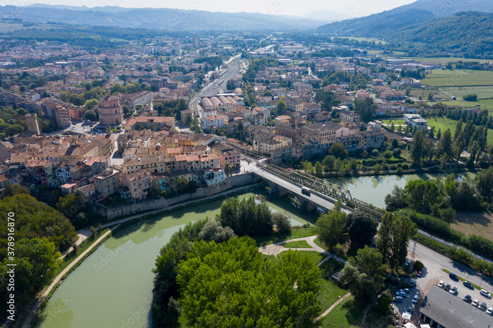 aerial view of the village of umbertide with the tiber river