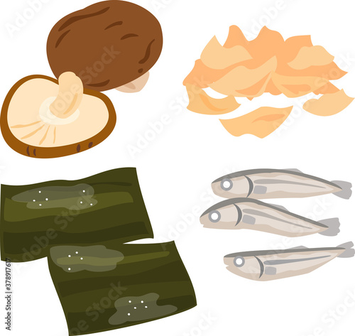 出汁の食材（干しシイタケ、昆布、鰹節、煮干し）