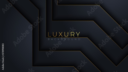 Abstract 3d background with black paper layers. Vector geometric illustration of carbon sliced shapes textured with golden glittering dots. Graphic design element. Elegant decoration