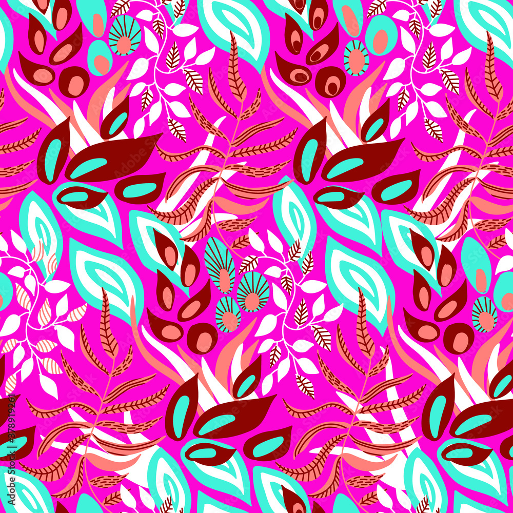Fototapeta Vector seamless pattern. Abstract drawing with plant elements. Vivid colors in pictures. Hand drawn. Use for printing prints on fabrics, wallpapers and more.