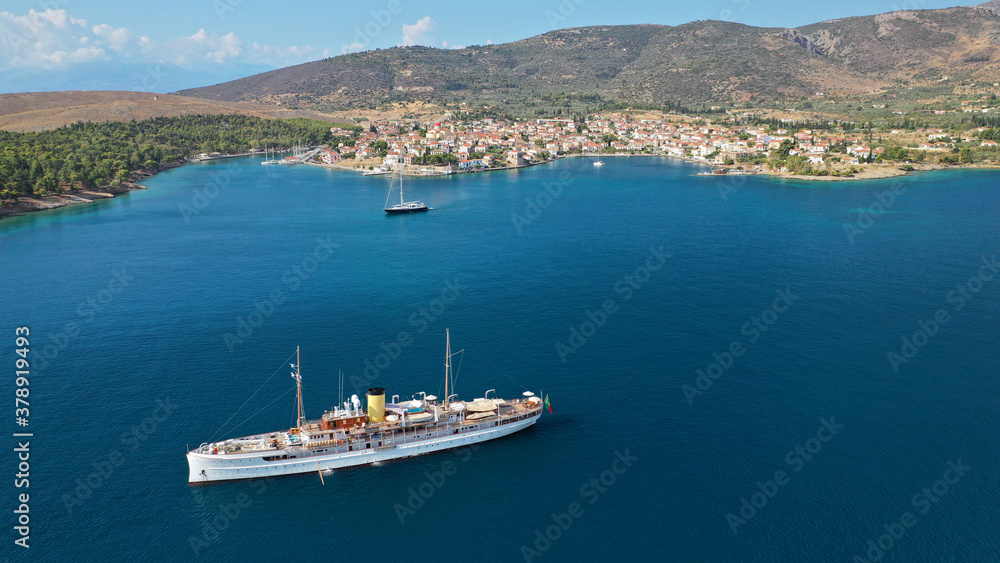 Aerial drone photo of beautiful picturesque and historic seaside village of Galaxidi, Fokida, Greece
