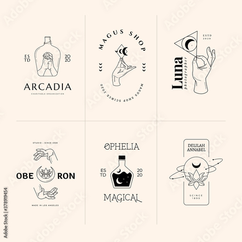 Hands set in simple flat esoteric boho style. Feminine hand logo collection with different symbol like space star planet, floral herb, moon and sun, heart love, eye, fire, drop. Vector illustration.