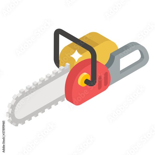 
Tool for cutting wood, chainsaw icon in isometric style  
