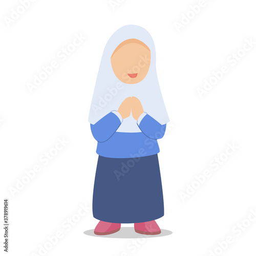 Children islamic girl character dress muslim hijab stand white isolated background with flat color style