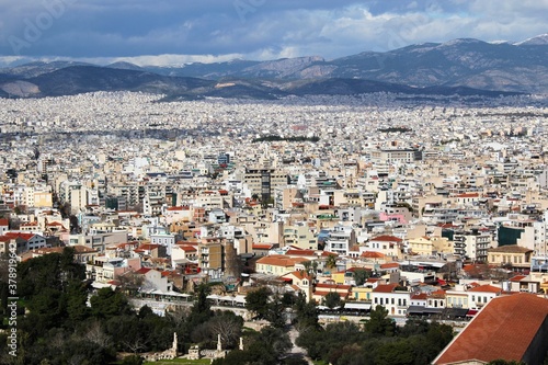 Partial view of Athens city from Acropolis hill - Athens, Greece, February 2 2020.