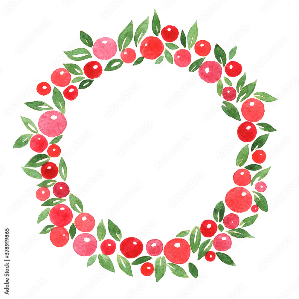 Abstract green leaves and red berry wreath with watercolor hand painting for decoration on Christmas holiday events.