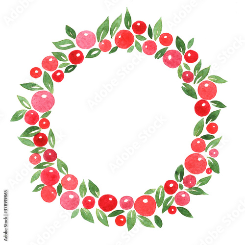 Abstract green leaves and red berry wreath with watercolor hand painting for decoration on Christmas holiday events.