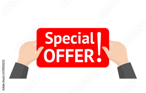 Special offer price tag - hands holding red sticker with sample text - vector illustration, lable template