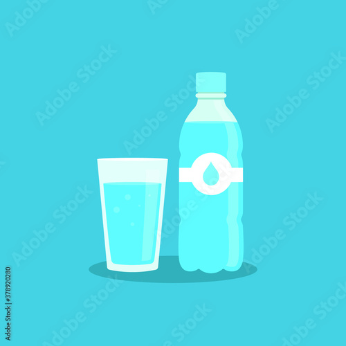 Plastic bottle and glass of water. Water drop sign. Vector illustration