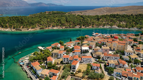 Aerial drone photo of beautiful picturesque and historic seaside village of Galaxidi, Fokida, Greece