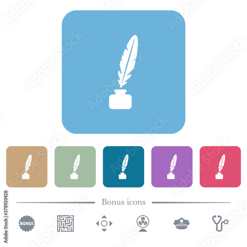 Feather in ink bottle flat icons on color rounded square backgrounds