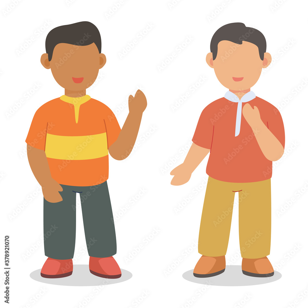 Two boy character brown skin dress neatly greeting standing white isolated background with flat color style