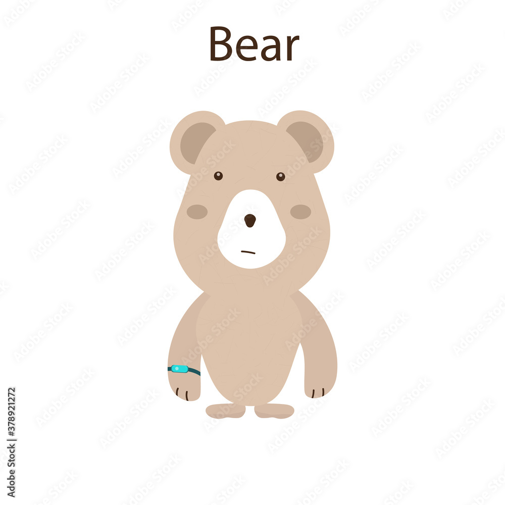 Naklejka premium A cute children's toy bear with a fitness counter on the wrist. Sports and movement concept. Development and understanding of a healthy lifestyle for children. Vector isolated on white background.