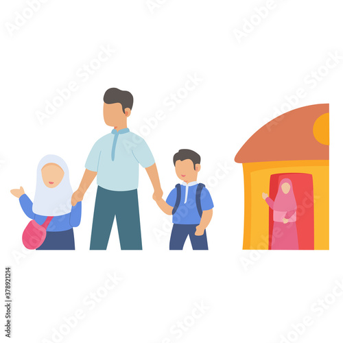 Father holding daughter son hands go to school white isolated background with flat color style