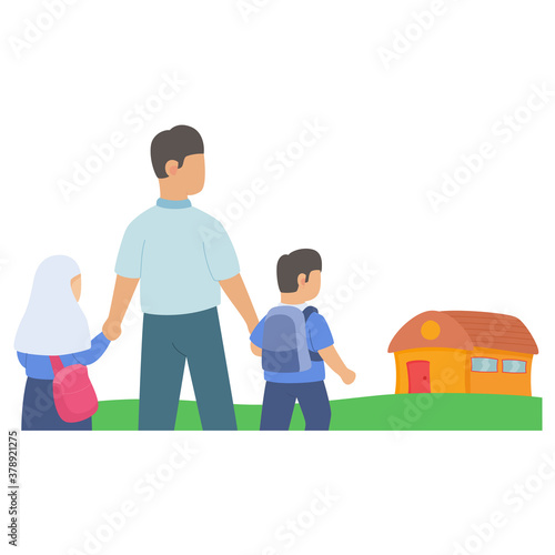 ather holding daughter son hands back from school white isolated background with flat color style