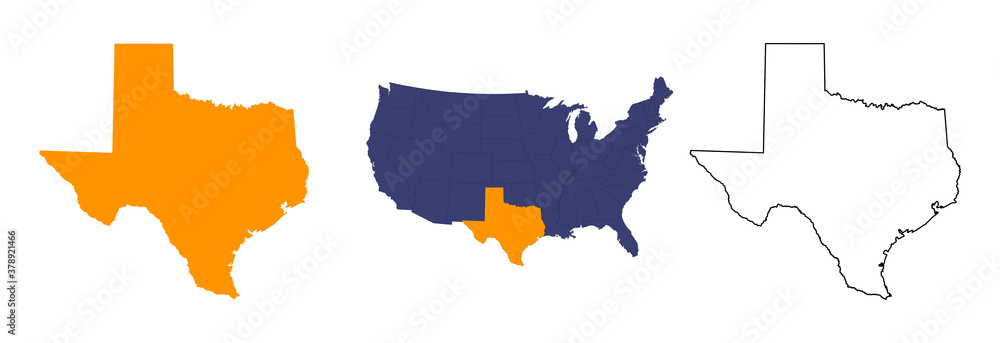 The state of Texas is highlighted in orange on the map of the United States. Map of Texas.