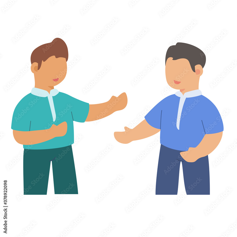 Two boy character chatting discuss as friends white isolated background with flat color style Two boy character chatting discuss as friends white isolated background with flat color style