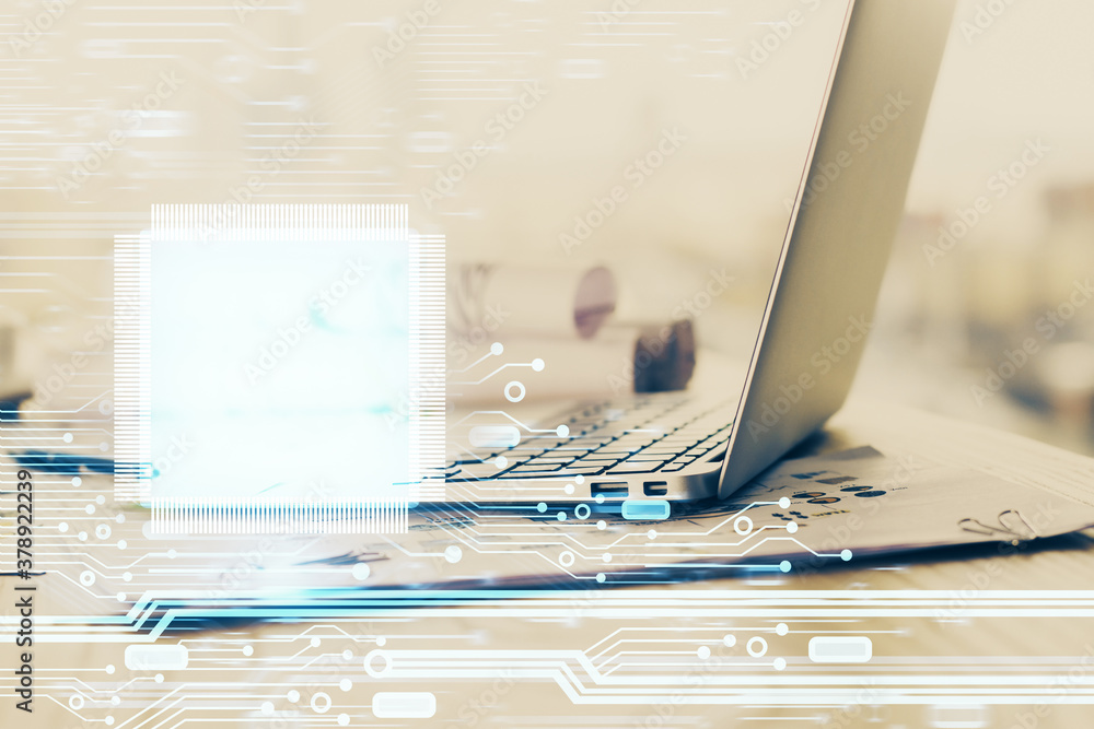 Double exposure of desktop with personal computer on background and tech theme drawing. Concept of data analysis. Double exposure of desktop with personal computer on background and tech theme drawing. Concept of data analysis.