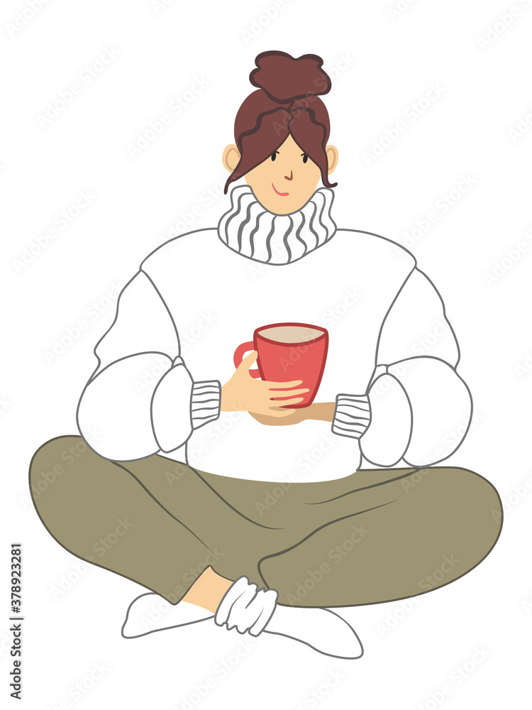 Vector isolated element. Illustration of a girl with a Cup of coffee, tea, cocoa. the girl is sitting comfortably. Vector isolated element. Illustration of a girl with a Cup of coffee, tea, cocoa. the girl is sitting comfortably.