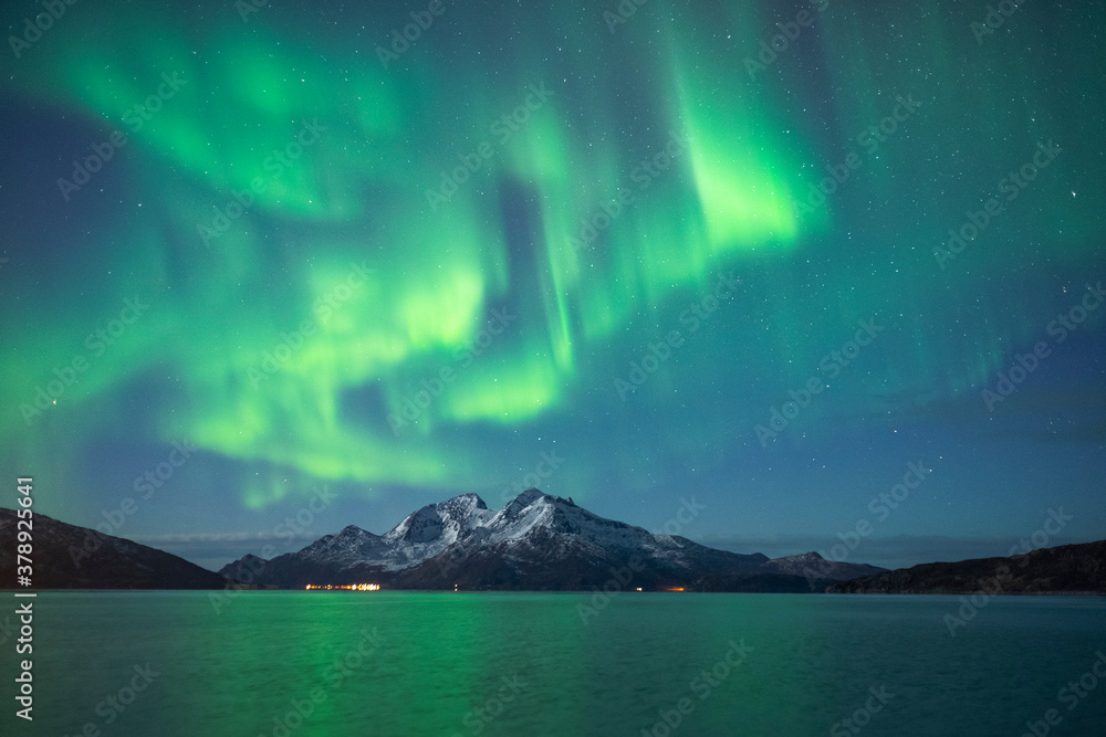 Naklejka premium Aurora borealis over mountains in Arctic Norway
