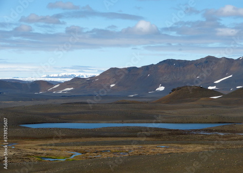 Icelandic landscape with blue lake and mountains. Beautiful nature of Iceland.