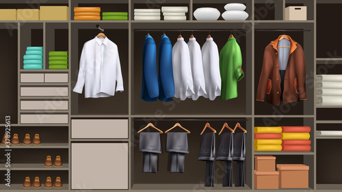big male wardrobe full of realistic clothes
