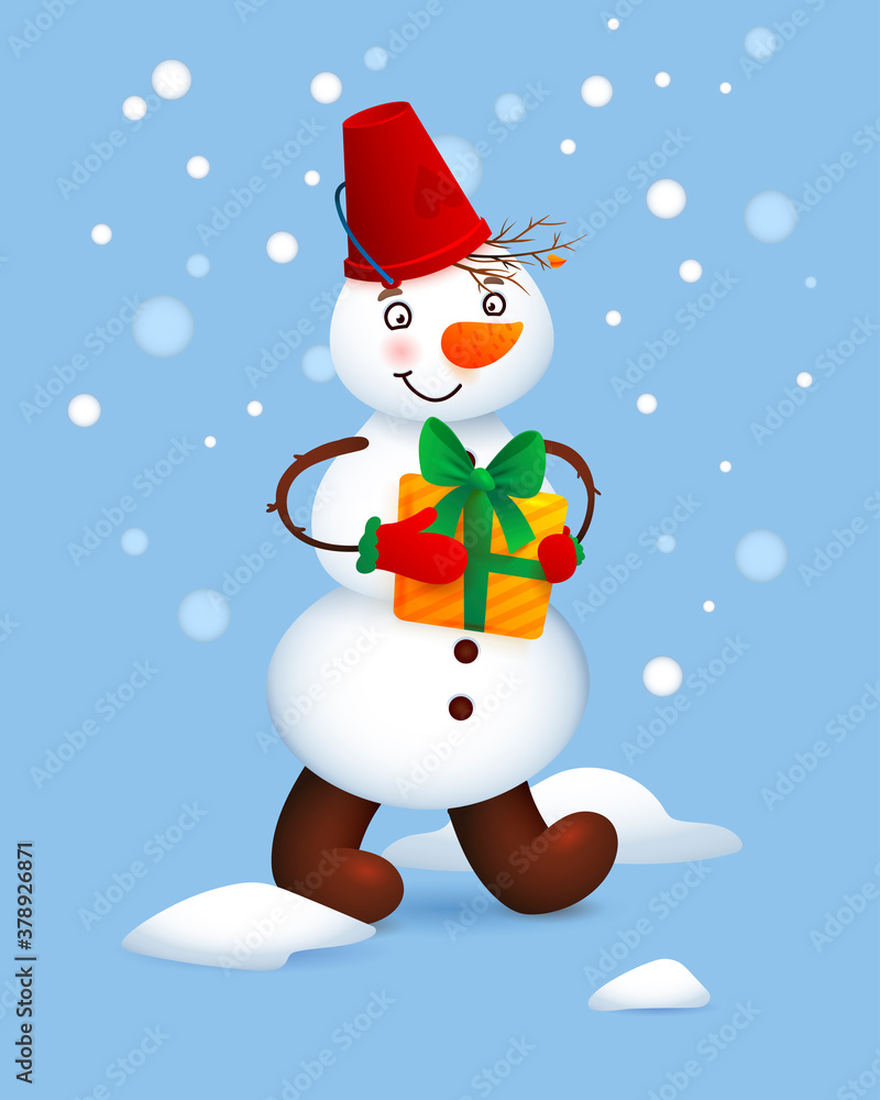 Vector Cute Snowman. Christmas illustration with funny snowman. Christmas gift in the hands of a snowman. Snow falling from the blue sky