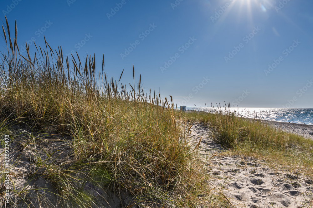 Flache Dünen mit Meer , Himmel und Wolken in Dänemark im Gegenlicht Flache Dünen mit Meer , Himmel und Wolken in Dänemark im Gegenlicht