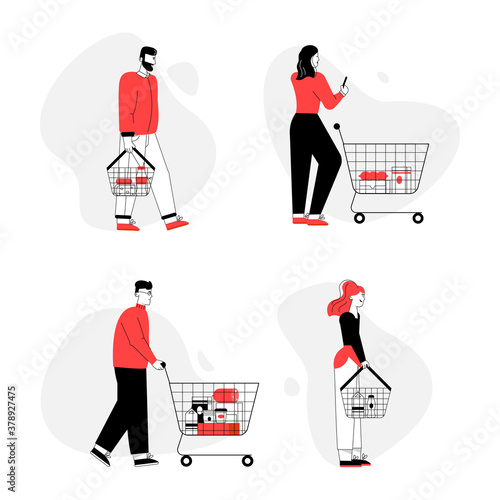 People buying food in supermarket isolated set