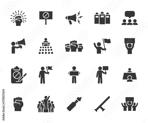 Vector set of protest flat icons. Contains icons resistance, protester, petition, riot, police, strike, mob, negotiating table and more. Pixel perfect.