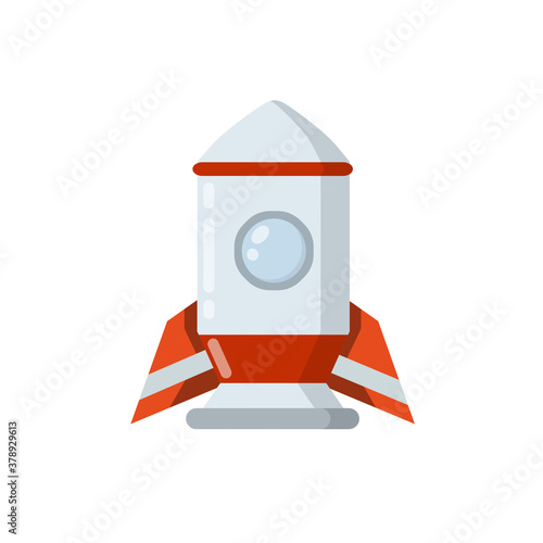 Rocket. Spaceship with porthole. Flight into space. Scientific discovery and colonization of planets. Children drawing. Red-and-white flat cartoon spacecraft