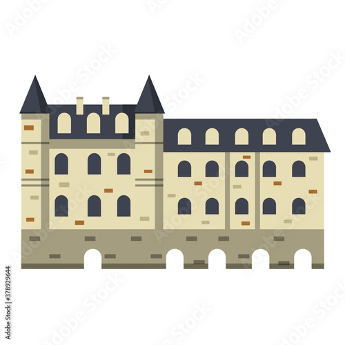 Castle of Chenonceau. French tourist attraction. Travel to Europe. Stone Palace with tower and wall. Medieval house and city. Flat cartoon illustration